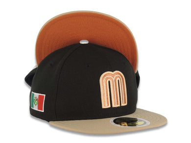 (Youth) Mexico New Era 59FIFTY 5950 Kid Fitted Cap Hat Black Crown Khaki Visor Metallic Brown/Khaki M Logo Mexico Flag Side Patch Orange UV