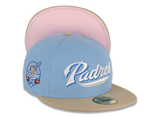 (Youth) San Diego Padres New Era MLB 59FIFTY 5950 Kid Fitted Cap Hat Sky Blue Crown Visor Khaki Logo 40th Anniversary Side Patch Pink UV