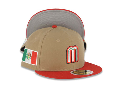 (Youth) Mexico New Era WBC World Baseball Classic 59FIFTY 5950 Kid Fitted Cap Hat Khaki Crown Red Visor Team Color M Logo Mexico Flag Side Patch Gray UV