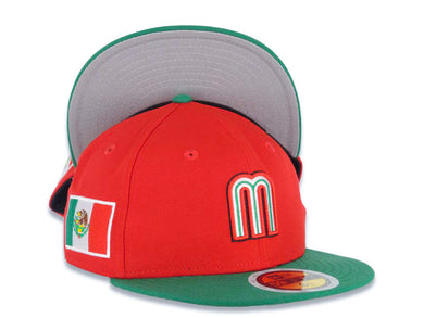 (Youth) Mexico New Era WBC World Baseball Classic 59FIFTY 5950 Kid Fitted Cap Hat Red Crown Green Visor Team Color M Logo Mexico Flag Side Patch Gray UV