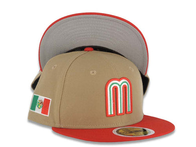 (Youth) Mexico New Era 59FIFTY 5950 Kid Fitted Cap Hat Khaki Crown Red Visor Team Color M Logo Mexico Flag Side Patch Gray UV