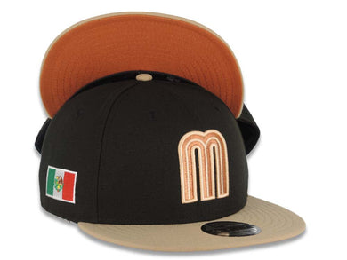 Mexico New Era WBC World Baseball Classic 9FIFTY 950 Snapback Cap Hat Black Crown Khaki Visor Metallic Brown Logo Mexico Flag Side Patch Orange UV