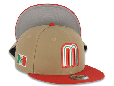 Mexico New Era WBC World Baseball Classic 9FIFTY 950 Snapback Cap Hat Khaki Crown Red Visor Team Color Logo Mexico Flag Side Patch Gray UV