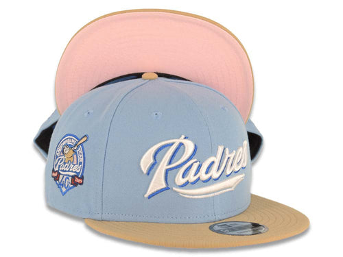 (Youth) San Diego Padres New Era MLB 9FIFTY 950 Kid Snapback Cap Hat Sky Blue Crown Khaki Visor White/Blue Logo 40th Anniversary Side Patch Pink UV