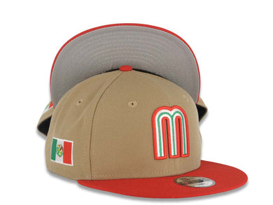 (Youth) Mexico New Era WBC World Baseball Classic 9FIFTY 950 Kid Snapback Cap Hat Khaki Crown Red Visor Team Color Logo Mexico Flag Side Patch