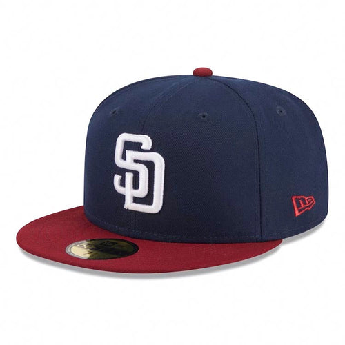 (Youth) San Diego Padres New Era MLB 59FIFTY 5950 Kid Fitted Cap Hat Navy Blue Crown Cardinal Visor White Logo (2-Tone Color Pack)