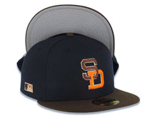 Load image into Gallery viewer, San Diego Padres New Era MLB 59FIFTY 5950 Fitted Cap Hat Navy Blue Crown Brown Visor Brown/Orange Logo Batterman Batty Side Patch Gray UV
