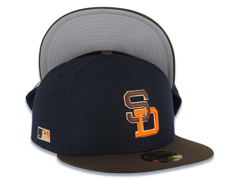 San Diego Padres New Era MLB 59FIFTY 5950 Fitted Cap Hat Navy Blue Crown Brown Visor Brown/Orange Logo Batterman Batty Side Patch Gray UV