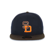 Load image into Gallery viewer, San Diego Padres New Era MLB 59FIFTY 5950 Fitted Cap Hat Navy Blue Crown Brown Visor Brown/Orange Logo Batterman Batty Side Patch Gray UV
