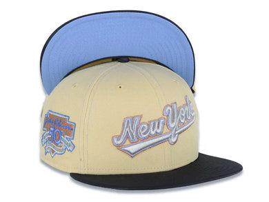 New York Yankees New Era MLB 59FIFTY 5950 Fitted Cap Hat Vegas Gold Crown Navy Visor Metallic Aluminum/Brown Script Logo Jackie Robinson Side Patch