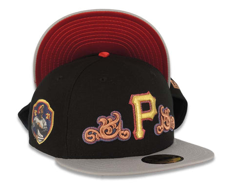 Pittsburgh Pirates New Era MLB 59FIFTY 5950 Fitted Cap Hat Black Crown Gray Visor Gold/Metallic Red Logo Reberto Clemente 21 Side Patch Red UV