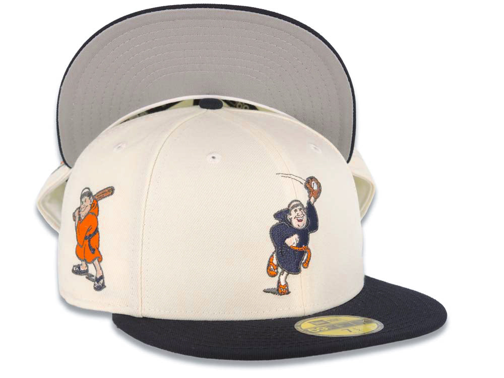 San Diego Padres New Era MLB 59FIFTY 5950 Fitted Cap Hat Cream Crown Navy Blue Visor Navy/Metallic Brown Catching Friar Logo Batting Friar Side Patch
