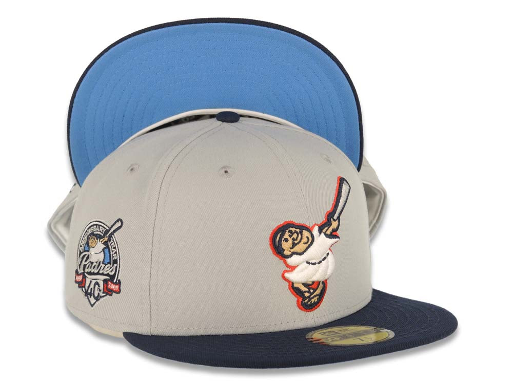 San Diego Padres New Era MLB 59FIFTY 5950 Fitted Cap Hat Gray Crown Navy Blue Visor White/Red Swinging Friar Logo 40th Anniversary Side Patch Blue UV