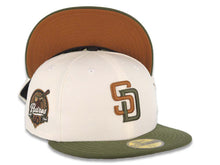 Load image into Gallery viewer, San Diego Padres New Era MLB 59FIFTY 5950 Fitted Cap Hat Cream Crown Olive Visor Brown/Olive Green Logo 40th Anniversary Side Patch Brown UV
