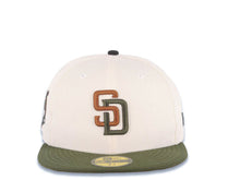 Load image into Gallery viewer, San Diego Padres New Era MLB 59FIFTY 5950 Fitted Cap Hat Cream Crown Olive Visor Brown/Olive Green Logo 40th Anniversary Side Patch Brown UV
