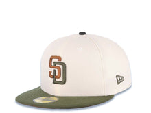 Load image into Gallery viewer, San Diego Padres New Era MLB 59FIFTY 5950 Fitted Cap Hat Cream Crown Olive Visor Brown/Olive Green Logo 40th Anniversary Side Patch Brown UV
