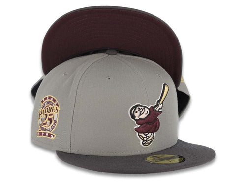 San Diego Padres New Era MLB 59FIFTY 5950 Fitted Cap Hat Gray Crown Dark Gray Visor Maroon/Yellow Swinging Friar Logo 25th Anniversary Side Patch