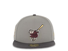 Load image into Gallery viewer, San Diego Padres New Era MLB 59FIFTY 5950 Fitted Cap Hat Gray Crown Dark Gray Visor Maroon/Yellow Swinging Friar Logo 25th Anniversary Side Patch
