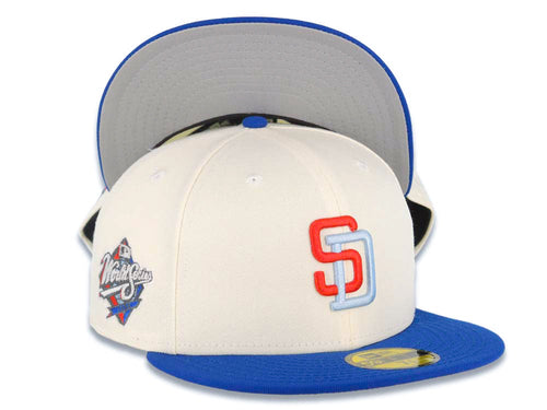 San Diego Padres New Era MLB 59FIFTY 5950 Fitted Cap Hat Cream Crown Light Royal Blue Visor Red/Sky Blue Logo 1998 World Series Side Patch