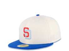 Load image into Gallery viewer, San Diego Padres New Era MLB 59FIFTY 5950 Fitted Cap Hat Cream Crown Light Royal Blue Visor Red/Sky Blue Logo 1998 World Series Side Patch
