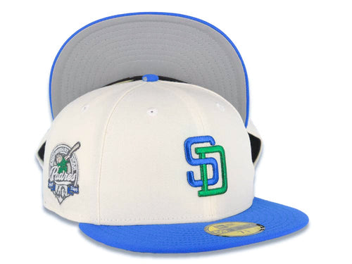 San Diego Padres New Era MLB 59FIFTY 5950 Fitted Cap Hat Cream Crown Royal Blue Visor Sky Blue/Green Logo 40th Anniversary Side Patch Gray UV