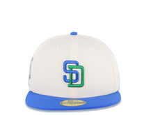 Load image into Gallery viewer, San Diego Padres New Era MLB 59FIFTY 5950 Fitted Cap Hat Cream Crown Royal Blue Visor Sky Blue/Green Logo 40th Anniversary Side Patch Gray UV
