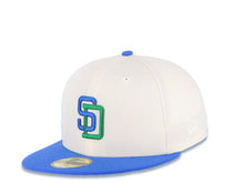 Load image into Gallery viewer, San Diego Padres New Era MLB 59FIFTY 5950 Fitted Cap Hat Cream Crown Royal Blue Visor Sky Blue/Green Logo 40th Anniversary Side Patch Gray UV
