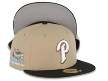 Load image into Gallery viewer, San Diego Padres New Era MLB 59FIFTY 5950 Fitted Cap Hat Khaki Crown Black Visor Cream/Metallic Black/Brown P Logo Petco Park Side Patch Gray UV
