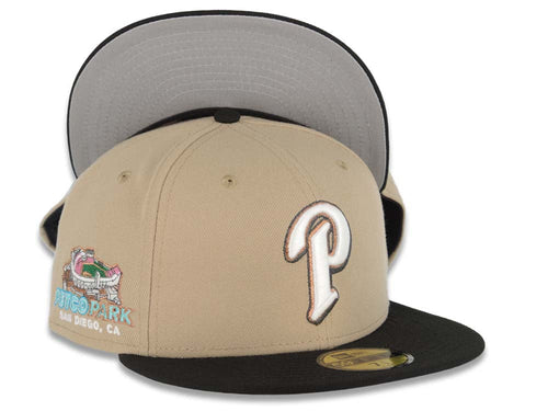 San Diego Padres New Era MLB 59FIFTY 5950 Fitted Cap Hat Khaki Crown Black Visor Cream/Metallic Black/Brown P Logo Petco Park Side Patch Gray UV