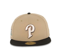 Load image into Gallery viewer, San Diego Padres New Era MLB 59FIFTY 5950 Fitted Cap Hat Khaki Crown Black Visor Cream/Metallic Black/Brown P Logo Petco Park Side Patch Gray UV
