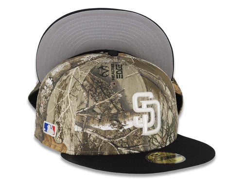 (Glow White) San Diego Padres New Era MLB 59FIFTY 5950 Fitted Cap Hat Real Tree Edge Camo Crown Black Visor Glow White Logo Batterman Batty Side Patch