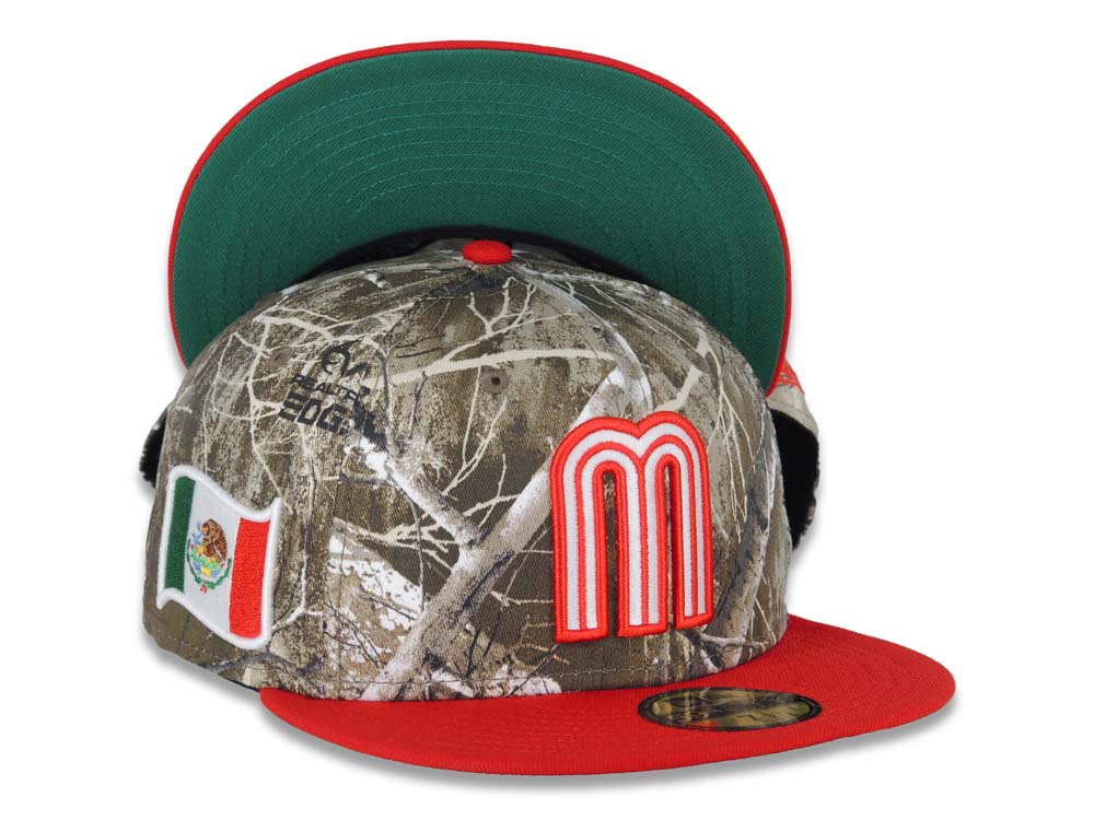 Mexico New Era 59FIFTY 5950 Fitted Cap Hat Real Tree Edge Camo Crown Red Visor Glow White/Red Logo Mexico Flag Side Patch Green UV