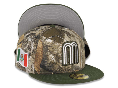 Mexico New Era 59FIFTY 5950 Fitted Cap Hat Real Tree Edge Camo Crown Olive Green Visor White/Olive Green Logo Mexico Flag Side Patch Gray UV