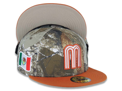 Mexico New Era 59FIFTY 5950 Fitted Cap Hat Real Tree Edge Camo Crown Dark Orange Visor White/Dark Orange Logo Mexico Flag Side Patch Gray UV