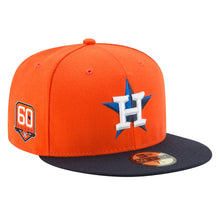 Load image into Gallery viewer, Houston Astros New Era MLB 59FIFTY 5950 Fitted Cap Hat Orange Crown Navy Blue Visor White/Navy Blue Logo 60th Anniversary Side Patch
