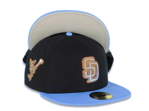 San Diego Padres New Era MLB 59FIFTY 5950 Fitted Cap Hat Black Crown Sky Blue Visor Metallic Brown/Blue Logo El Paso Chihuahua Side Patch