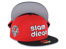 Load image into Gallery viewer, San Diego Padres New Era MLB 59FIFTY 5950 Fitted Cap Hat Red Crown Black Visor White/Black Slam Diego Script Logo 40th Anniversary Side Patch Gray UV
