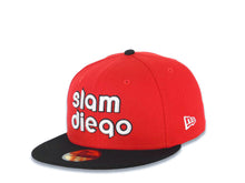 Load image into Gallery viewer, San Diego Padres New Era MLB 59FIFTY 5950 Fitted Cap Hat Red Crown Black Visor White/Black Slam Diego Script Logo 40th Anniversary Side Patch Gray UV
