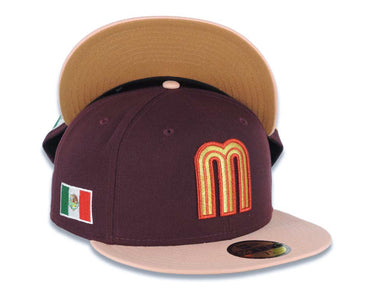 Mexico New Era 59FIFTY 5950 Fitted Cap Hat Maroon Crown Light Peach Visor Metallic Gold/Red M Logo Mexico Flag Side Patch