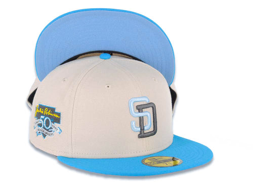 San Diego Padres New Era MLB 59FIFTY 5950 Fitted Cap Hat Stone Crown Blue Visor Sky Blue/Metallic Black Logo 50th Anniversary Side Patch Sky Blue UV