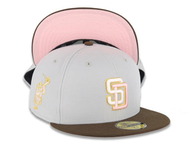 San Diego Padres New Era MLB 59FIFTY 5950 Fitted Cap Hat Gray Crown Brown Visor Glow White/Pink Logo Cathcing Friar Side Patch Pink UV
