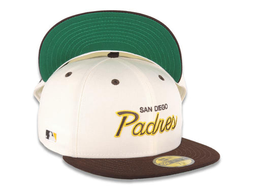San Diego Padres New Era MLB 59FIFTY 5950 Fitted Cap Hat Cream Crown Brown Visor Brrown/Yellow Script/Text Logo Batterman Batty Side Patch Green UV
