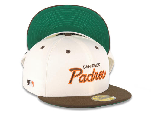 San Diego Padres New Era MLB 59FIFTY 5950 Fitted Cap Hat Cream Crown Light Brown Visor Brown/Orange Script/Text Logo Batterman Batty Side Patch