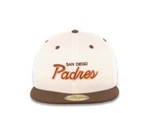 Load image into Gallery viewer, San Diego Padres New Era MLB 59FIFTY 5950 Fitted Cap Hat Cream Crown Light Brown Visor Brown/Orange Script/Text Logo Batterman Batty Side Patch
