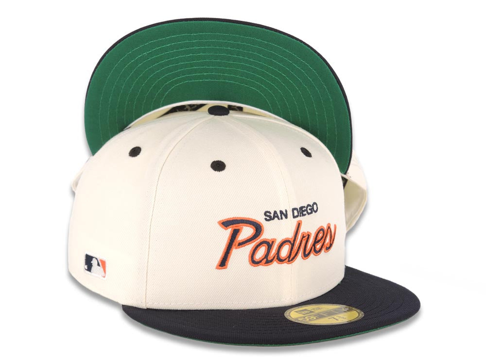 San Diego Padres New Era MLB 59FIFTY 5950 Fitted Cap Hat Cream Crown Navy Blue Visor Navy/Orange Script/Text Logo Batterman Batty Side Patch Green UV