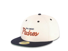 Load image into Gallery viewer, San Diego Padres New Era MLB 59FIFTY 5950 Fitted Cap Hat Cream Crown Navy Blue Visor Navy/Orange Script/Text Logo Batterman Batty Side Patch Green UV
