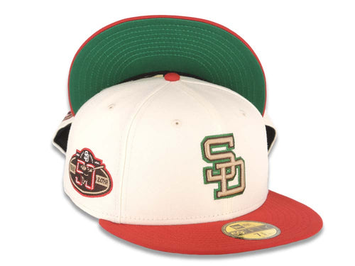 San Diego Padres New Era MLB 59FIFTY 5950 Fitted Cap Hat Cream Crown Red Visor Khaki/Brown/Green Logo 50th Anniversary Side Patch Green UV