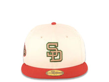 Load image into Gallery viewer, San Diego Padres New Era MLB 59FIFTY 5950 Fitted Cap Hat Cream Crown Red Visor Khaki/Brown/Green Logo 50th Anniversary Side Patch Green UV
