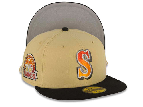 Seattle Mariners New Era MLB 59FIFTY 5950 Fitted Cap Hat Yellow Green Crown Black Visor Red/Orange Gradient Logo 30th Anniversary Side Patch Gray UV
