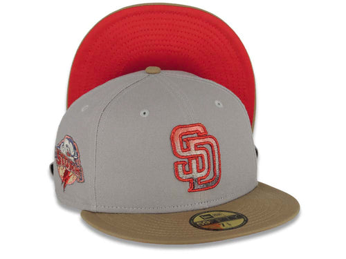 San Diego Padres New Era MLB 59FIFTY 5950 Fitted Cap Hat Gray Crown Khaki Visor Metallic Red/Gray Logo Lake Elsinore Storm Side Patch Red UV